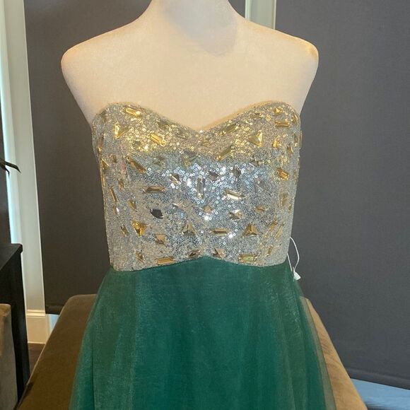 Women’s Green & Silver Full Length Prom Party Dress CorsetBack Size L NWT - Picture 3 of 14